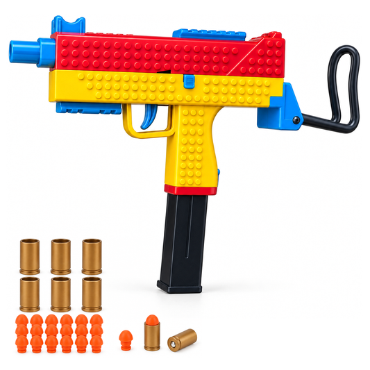 Mac-10 building block shell ejecting toy with shells and foam darts