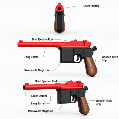 Mauser C96 shell ejecting toy pistol features shown from the front, side and three-quarter view: laser emitter, shell ejection port, long barrel, removable magazine, wooden-style grip