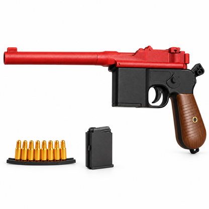 Mauser C96 shell ejecting toy pistol in red and black with loading strip and magazine