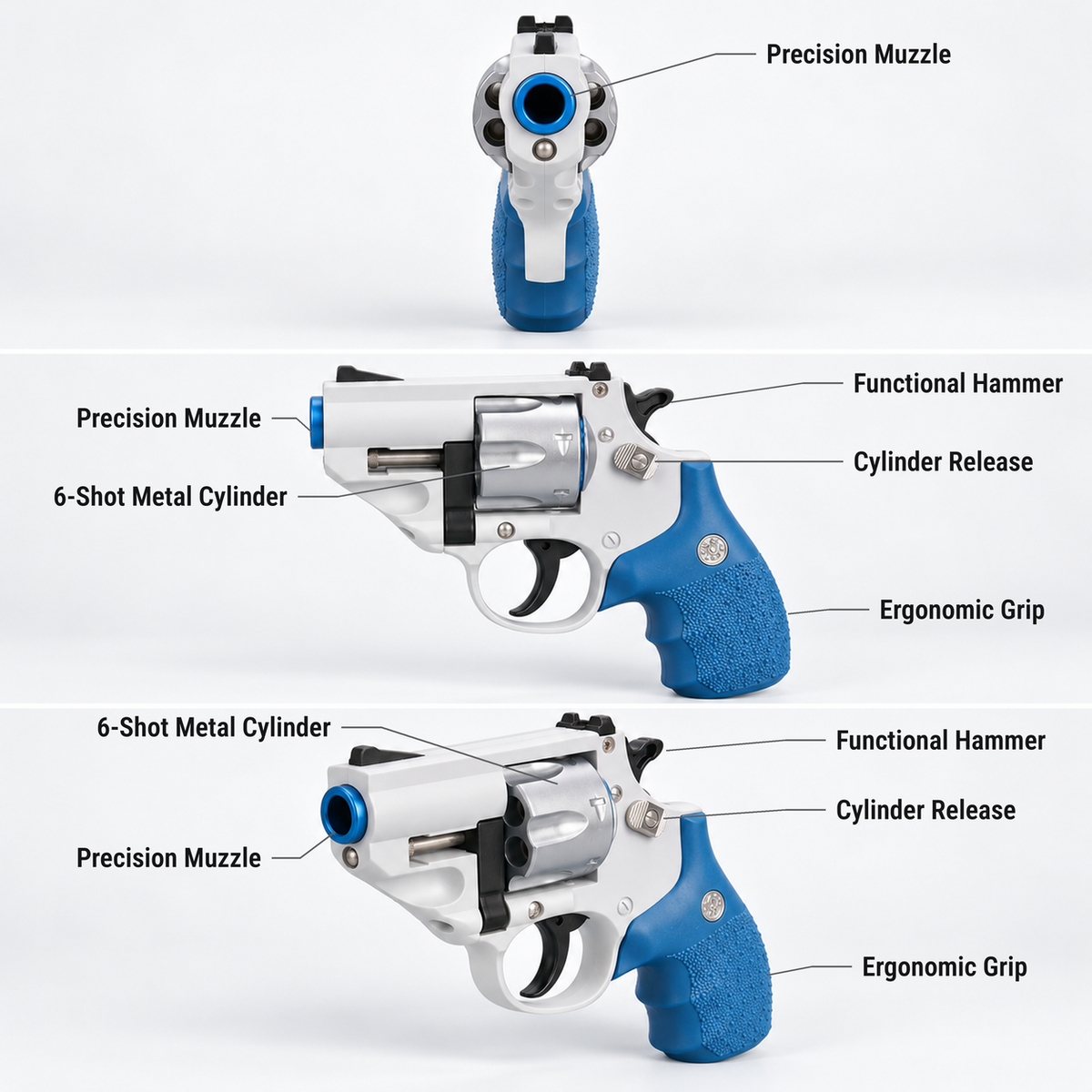 Metal double action revolver toy features shown from the front, side and three-quarter view: precision muzzle, 6-shot metal cylinder, functional hammer, cylinder release, ergonomic grip
