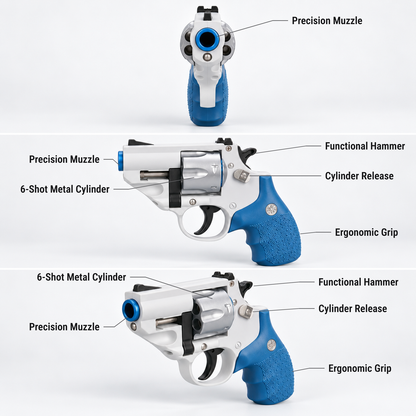 Metal double action revolver toy features shown from the front, side and three-quarter view: precision muzzle, 6-shot metal cylinder, functional hammer, cylinder release, ergonomic grip