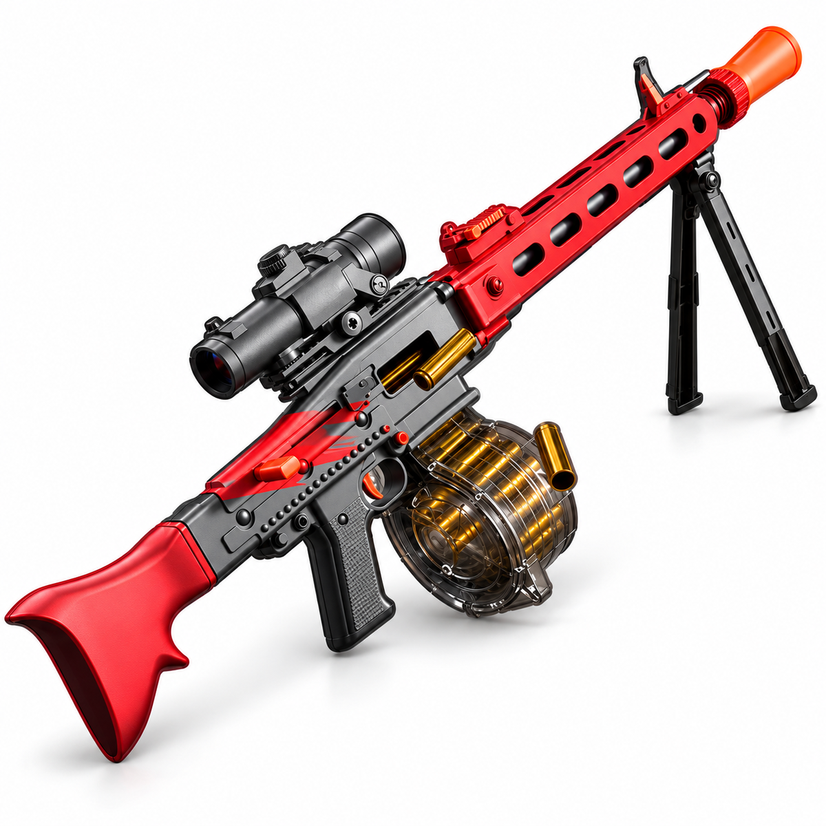 MG3 shell ejecting toy dart blaster in red and grey with drum magazine, scope and bipod