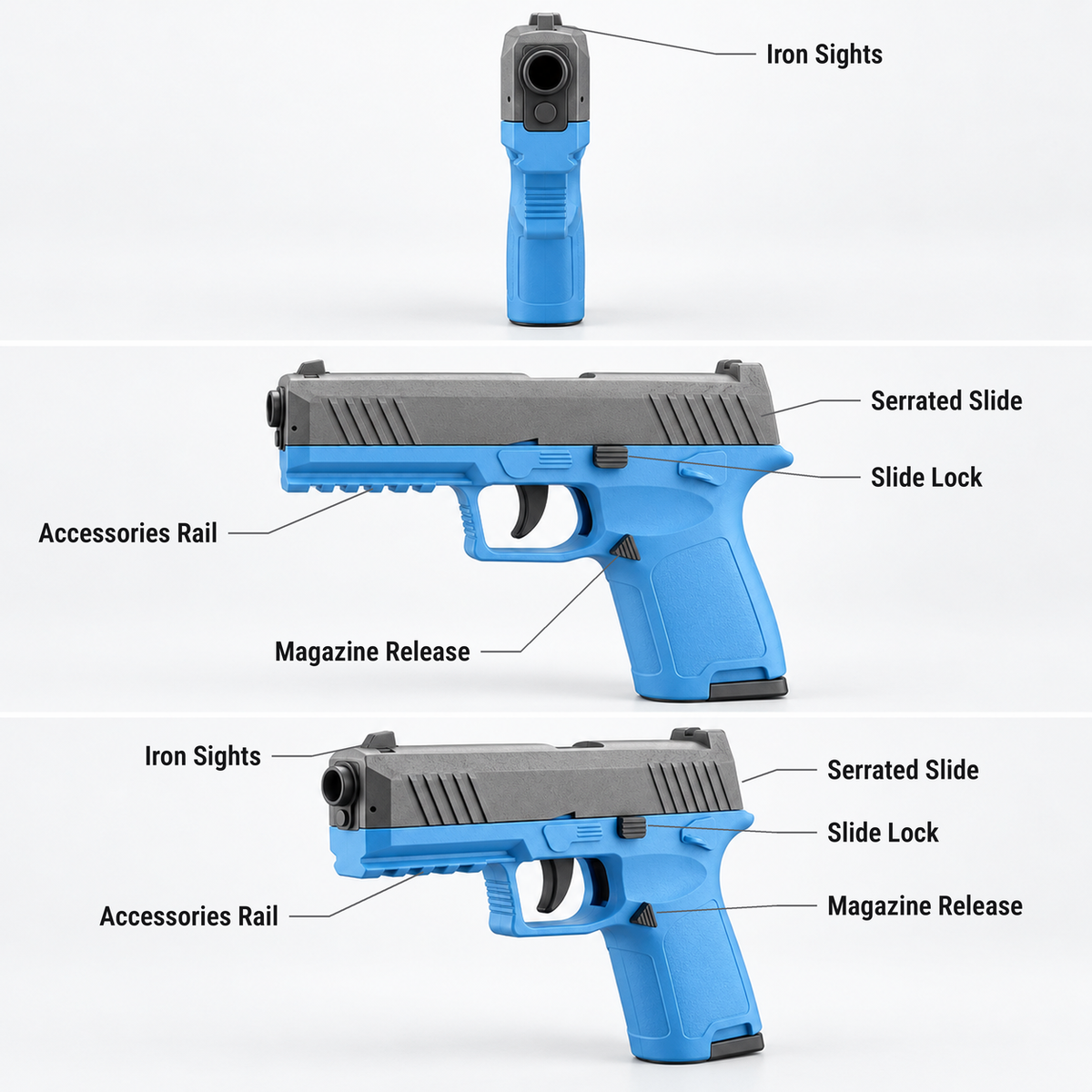 P2 shell ejecting toy pistol features shown from the front, side and three-quarter view: iron sights, accessories rail, magazine release, serrated slide, slide lock