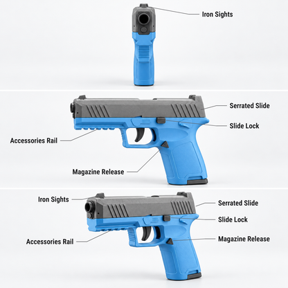 P2 shell ejecting toy pistol features shown from the front, side and three-quarter view: iron sights, accessories rail, magazine release, serrated slide, slide lock