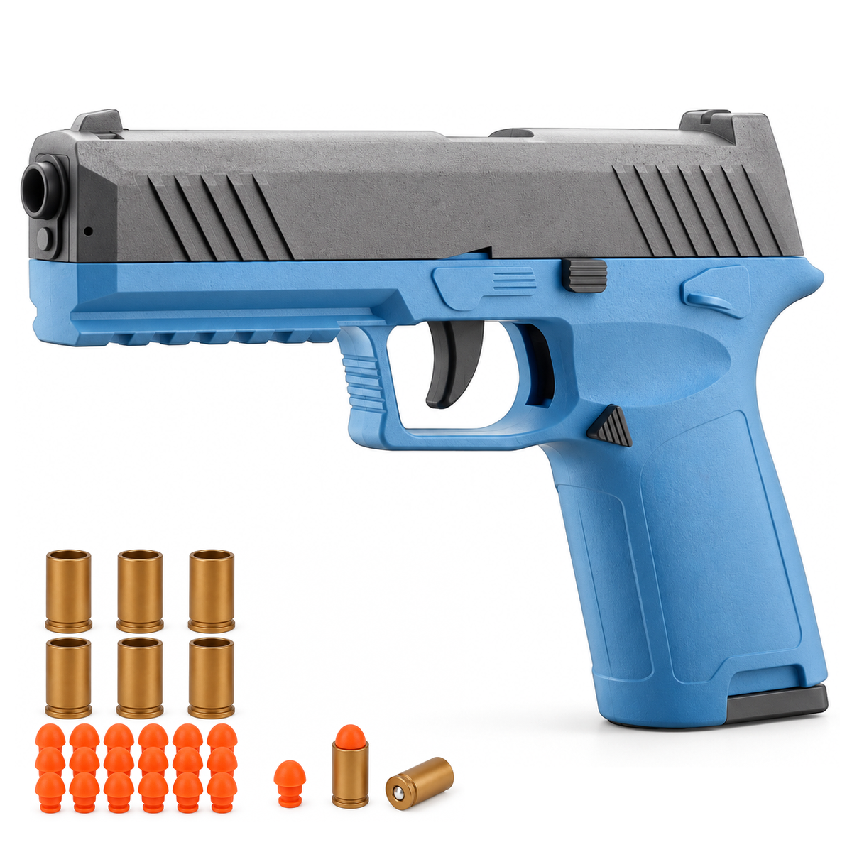 P2 semiautomatic shell ejecting toy pistol in grey and blue with shells and foam darts
