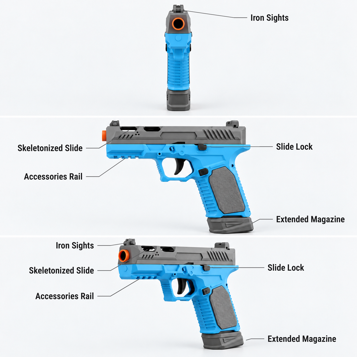 Raven Tactical shell ejecting toy pistol features shown from the front, side and three-quarter view: iron sights, skeletonized slide, accessories rail, slide lock, extended magazine
