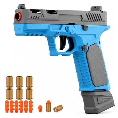 Raven Tactical shell ejecting toy pistol in grey and blue with shells and foam darts