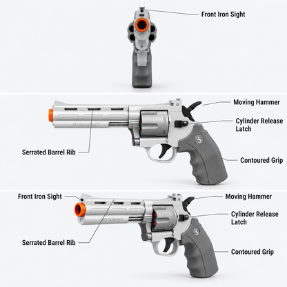 Revolver Semiauto soft dart blaster features shown from the front, side and three-quarter view: front iron sight, serrated barrel rib, moving hammer, cylinder release latch, contoured grip