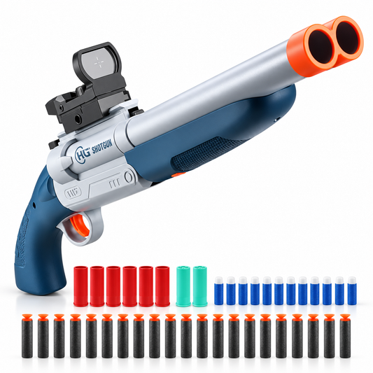 Sawn-off double barrel shell ejecting toy dart shotgun with sight, shells and foam darts