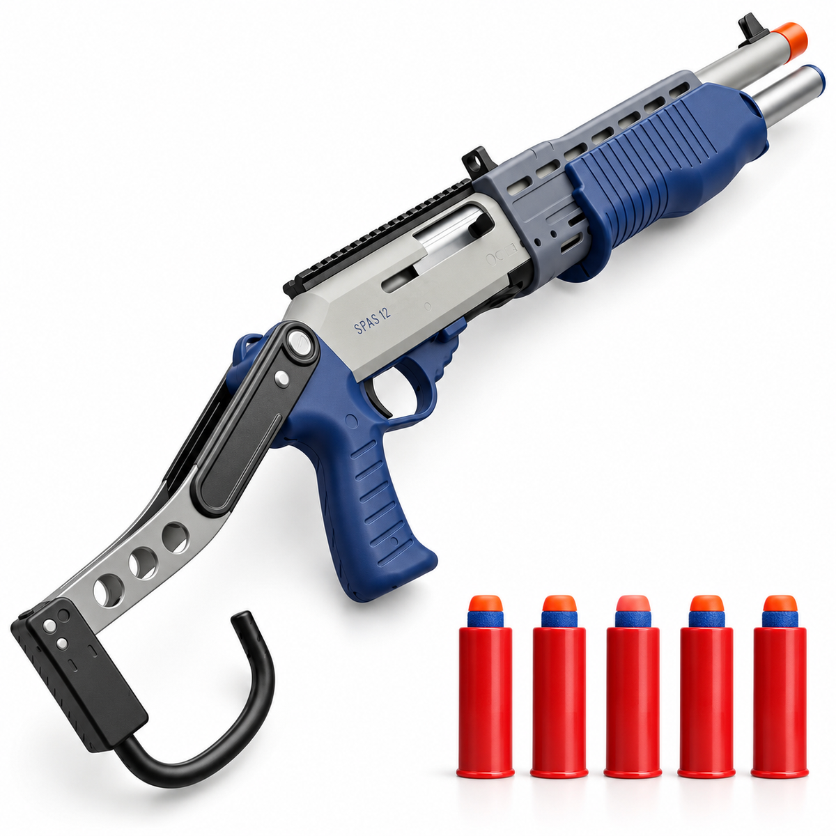 Spas-12 shell ejecting toy dart shotgun in navy and grey with folding stock and dart-loaded shells