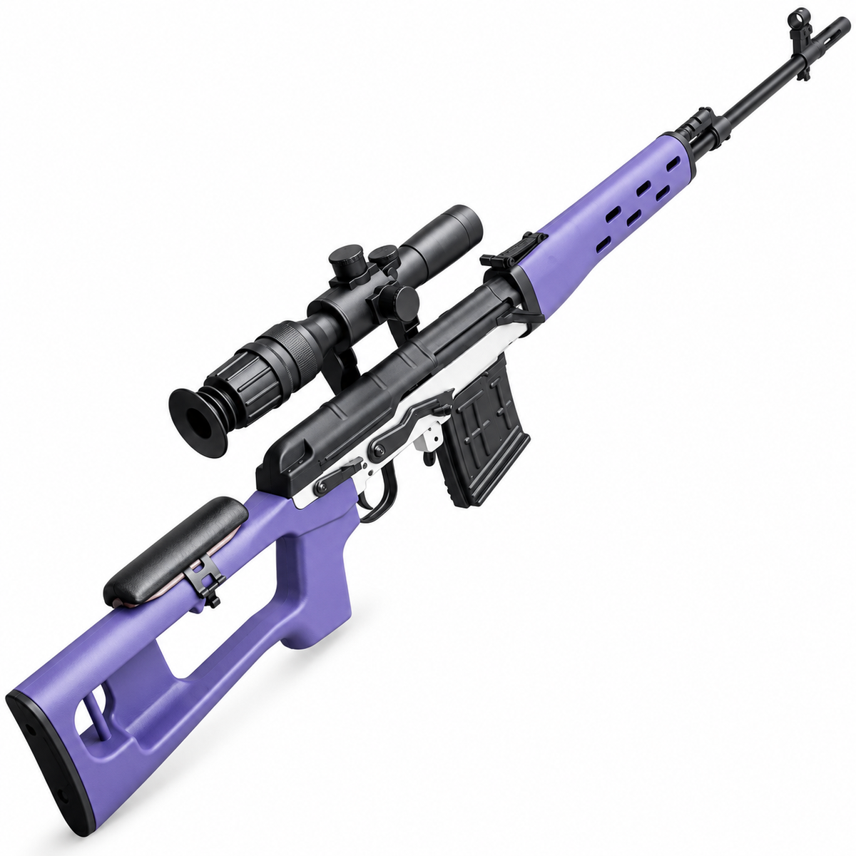 SVD Dragunov shell ejecting toy dart blaster in lavender and black with scope