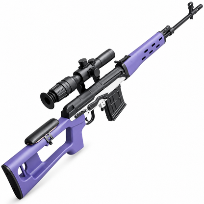 SVD Dragunov shell ejecting toy dart blaster in lavender and black with scope