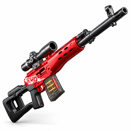 SVD sniper shell ejecting toy dart blaster in red and black with scope