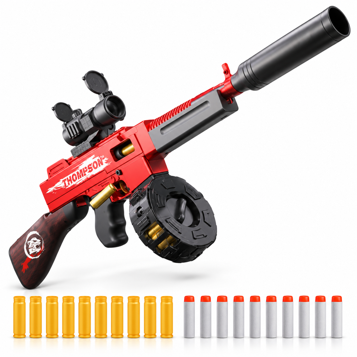 Thompson SMG shell ejecting toy dart blaster in red with drum magazine, shells and foam darts
