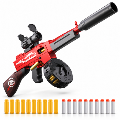 Thompson SMG shell ejecting toy dart blaster in red with drum magazine, shells and foam darts