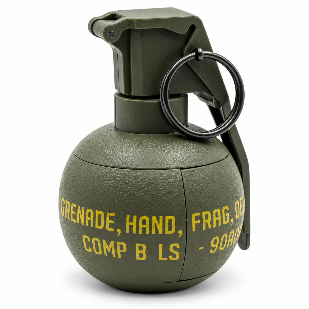 Olive green toy grenade prop with pull ring for airsoft and training