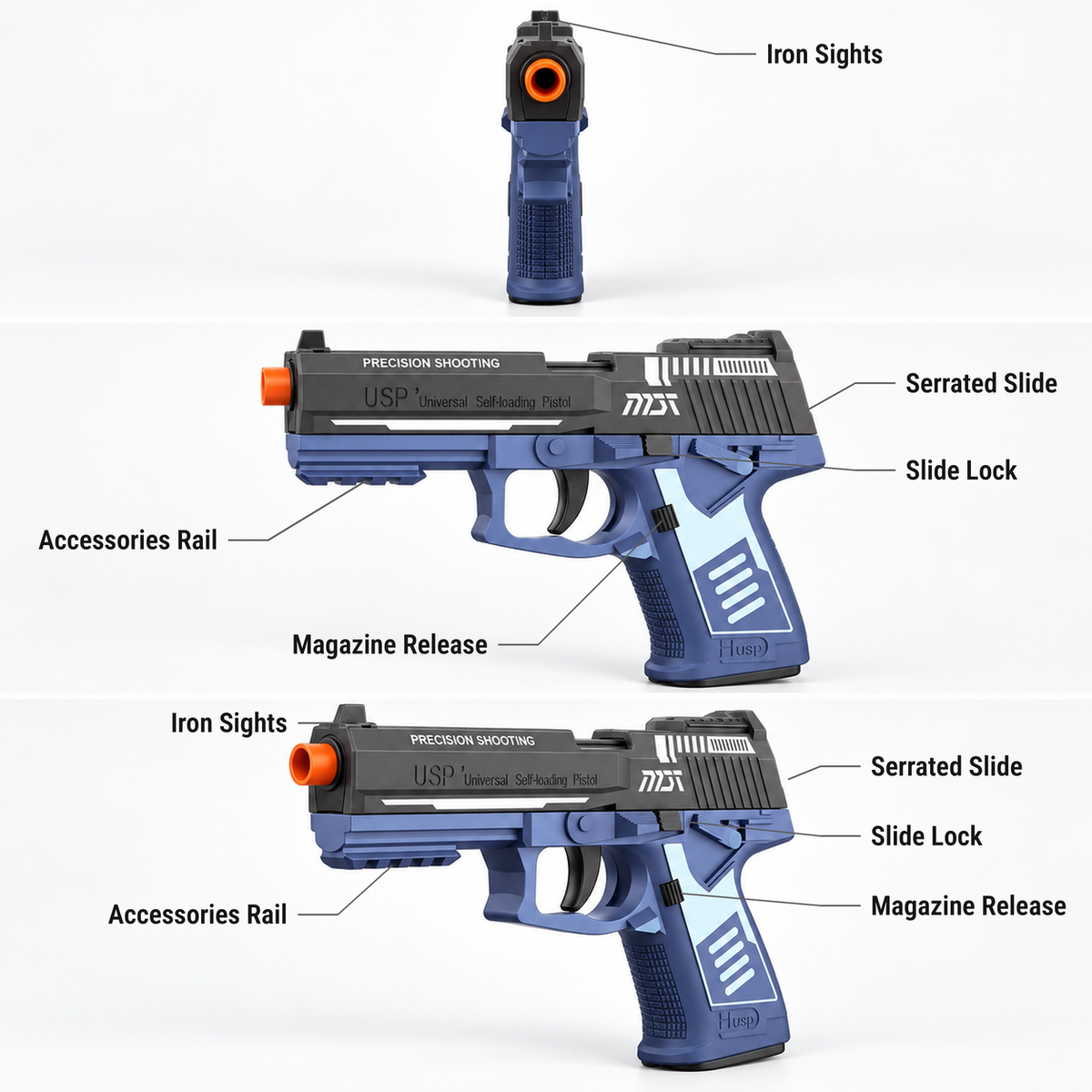 USP45 shell ejecting dart blaster features shown from the front, side and three-quarter view: iron sights, accessories rail, magazine release, serrated slide, slide lock