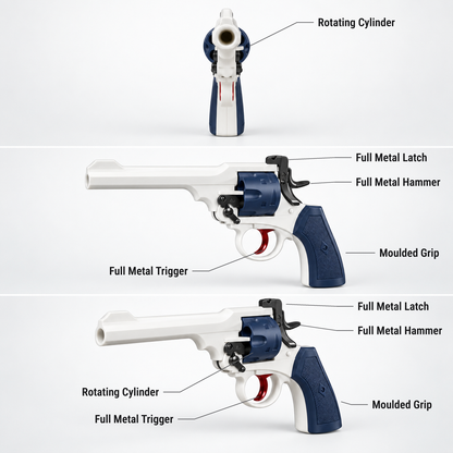 Webley revolver soft dart toy pistol features shown from the front, side and three-quarter view: rotating cylinder, full metal trigger, full metal latch, full metal hammer, moulded grip