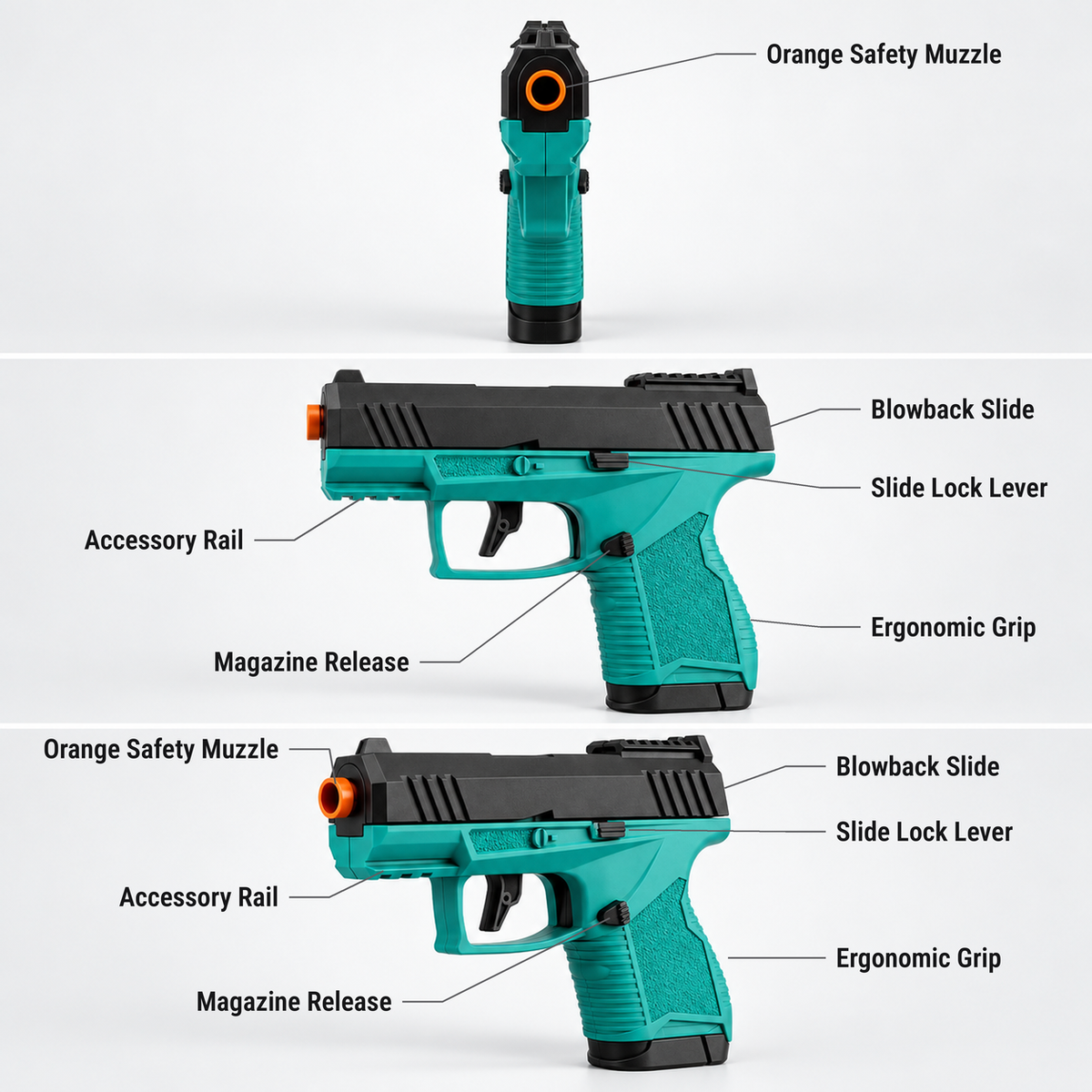 X2 Carry shell ejecting dart blaster features shown from the front, side and three-quarter view: orange safety muzzle, accessory rail, magazine release, blowback slide, slide lock lever, ergonomic grip